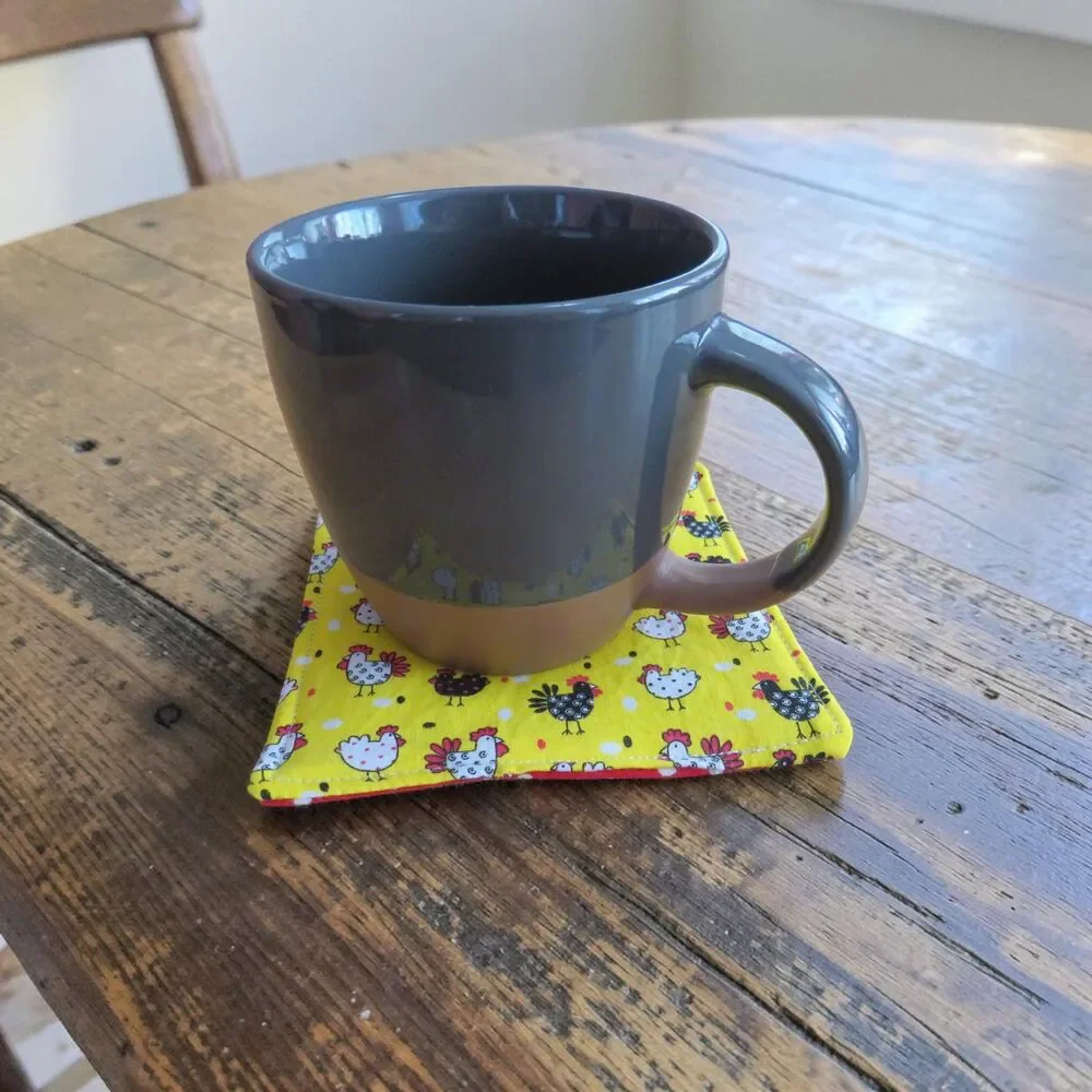 Fabric Coasters, Set Of 4,  Chicken Reversible Red and White Polka Dot Mug Rugs